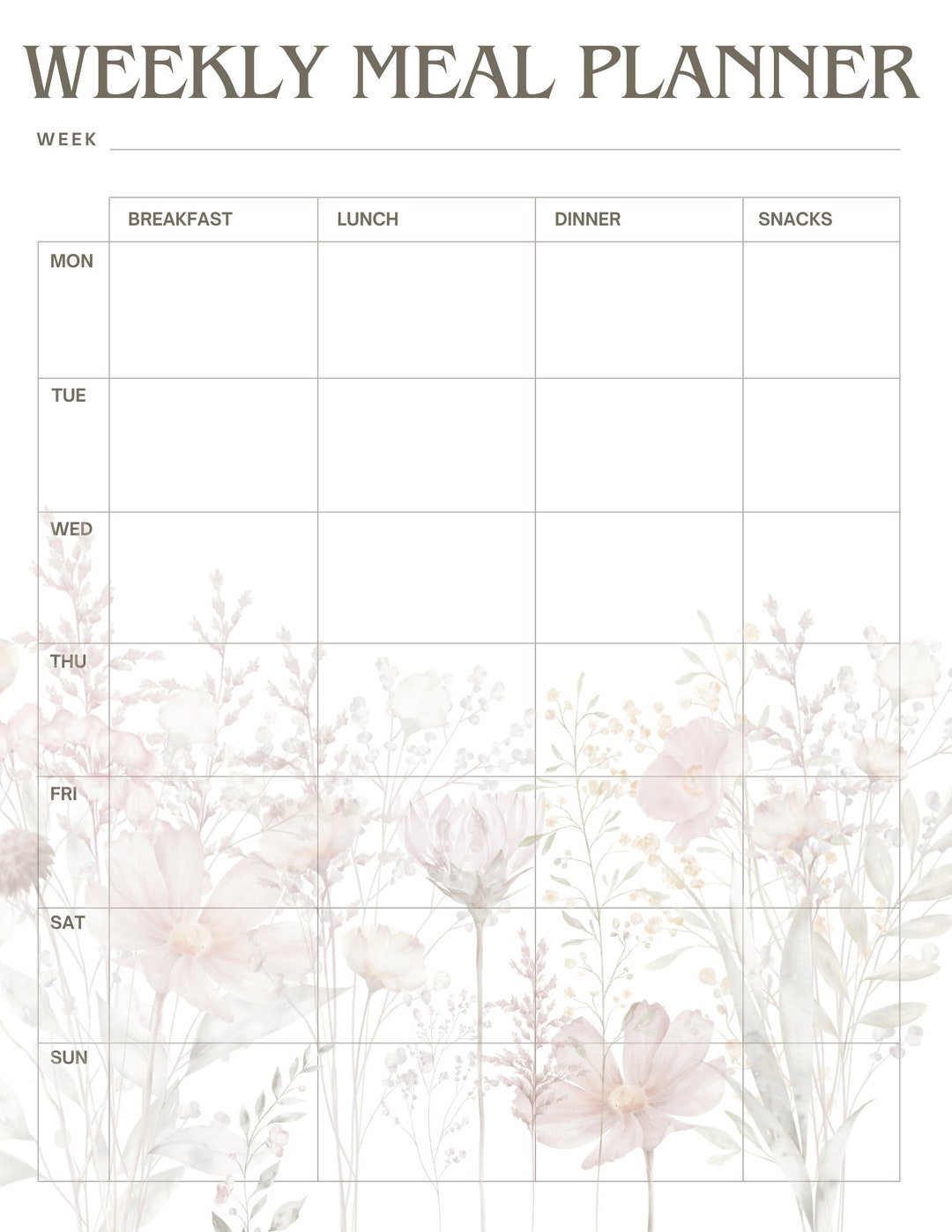 Wild Flowers Floral Printable Weekly Meal Planner - Etsy