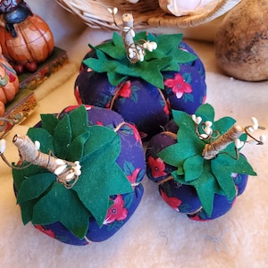 Cute Handmade Fabric Pumpkins, Fall Crafts, Thanksgiving Decor, Handsewn Pumpkins, Royal Blue Fabric with Red Flowers, Jute Twine Stems