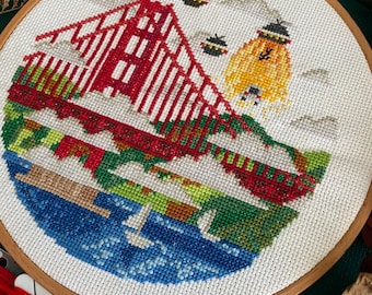 Golden Gate Bridge Aliens Cross Stitch Pattern / Aliens and UFOs / Instant Download PDF, modern cross stitch San Francisco Funny Spaceship