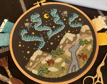 Northern Lights UFOs Cross Stitch Pattern - Instant Download PDF, Aliens Flying Saucer Landscape Embroidery, Spaceship Funny Moose Bear