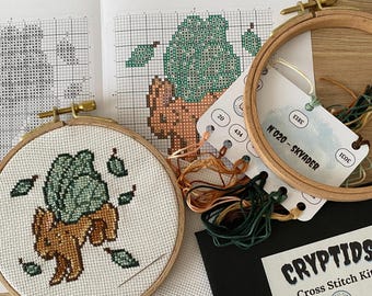 Cryptid Cross Stitch Kit / Easy Cute Beginner Mini Cross Stitch Kits - Embroidery - DIY Cryptozoology kit gift - Jackalope Bigfoot Mothman