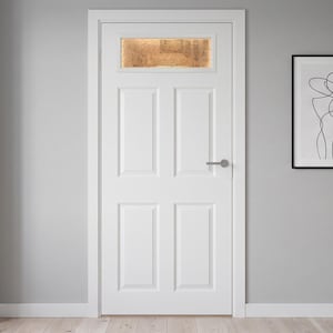 May include: A white interior door featuring four rectangular recessed panels and a single horizontal rectangular window at the top with textured, translucent glass. The door is equipped with a simple, horizontal silver metal lever handle.