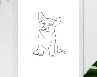 Coorgi Dog Portrait - Handmade line Art, Printable wall decor