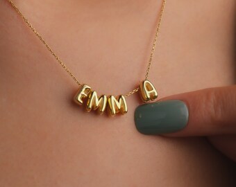 Custom Name Balloon Necklace, Personalized 3D Letter Necklace, 14K Gold Letter Necklace, Bubble Name Necklace , Valentines Day Gift