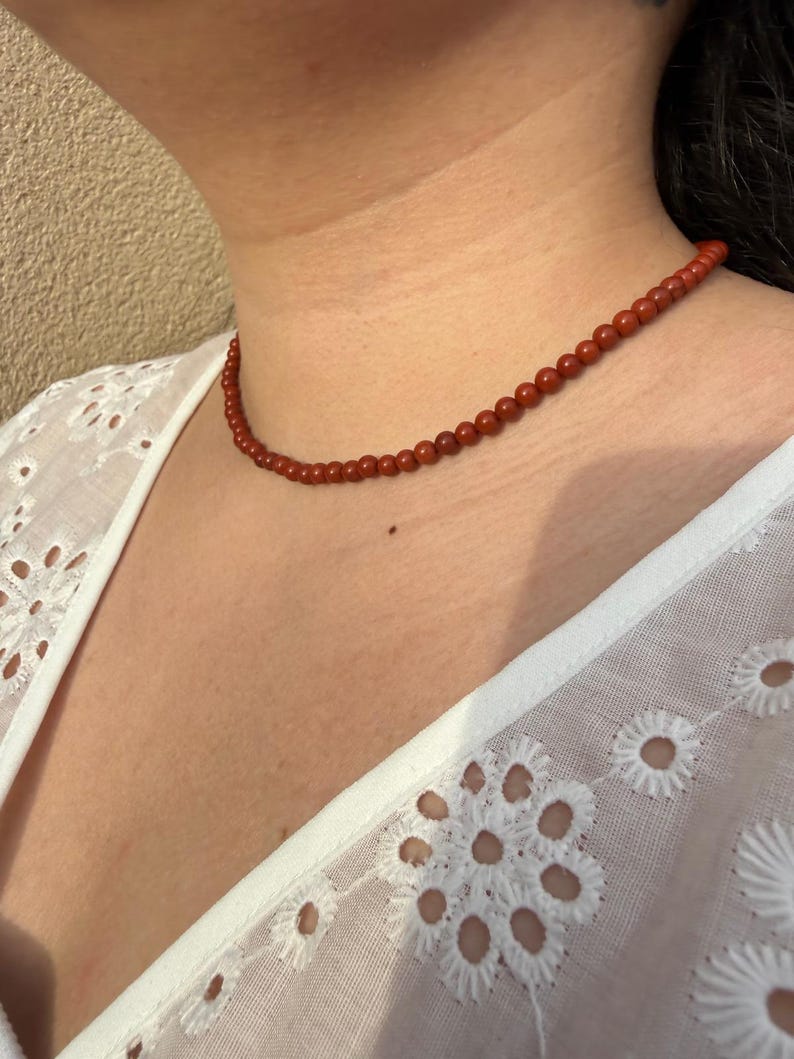 Red Jasper - Delicate Necklace - Choker Necklace - Natural Stone Necklace Red Jasper in 4mm Beads image 6