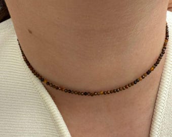 Tiger's Eye - Natural tiger's eye stone necklace in 2 or 3 mm faceted beads - custom-made necklace - choker necklace