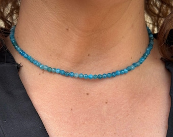 Apatite - Blue apatite necklace in 4mm faceted beads - choker necklace - natural pearl necklace - delicate necklace