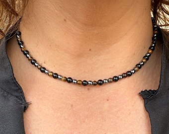 Triple Protection Necklace - Natural Obsidian, Hematite, Tiger&#39;s Eye Stone Necklace in 4mm Beads