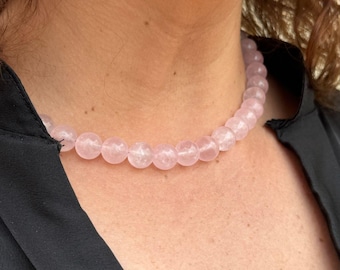 Natural rose quartz stone necklace with 10mm beads - pink beaded necklace - timeless necklace - custom-made necklace