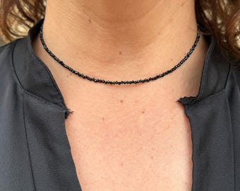 Black Tourmaline Natural Stone Choker Necklace in 2mm Faceted Beads - Custom Necklace