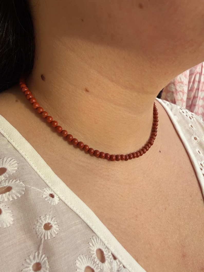 Red Jasper - Delicate Necklace - Choker Necklace - Natural Stone Necklace Red Jasper in 4mm Beads image 2