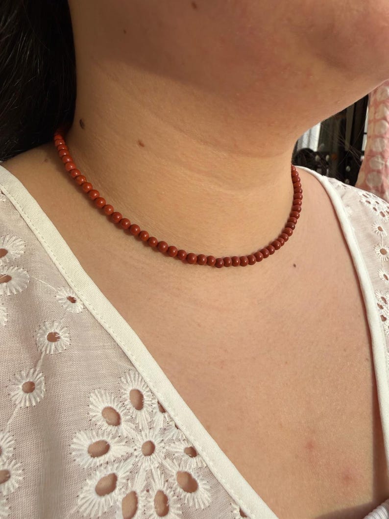 Red Jasper - Delicate Necklace - Choker Necklace - Natural Stone Necklace Red Jasper in 4mm Beads image 3