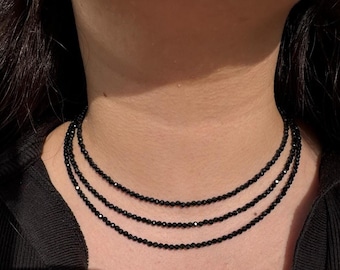 Black Tourmaline - Triple or Double Row Black Tourmaline Necklace – Protection & Elegance – Natural Stone for Women in Faceted Beads