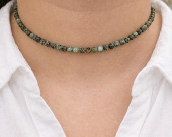 African Turquoise - Delicate Necklace - Natural African Turquoise Stone Necklace in 4mm Beads - Custom Made Necklace