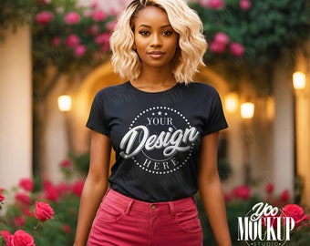 Gildan 64000 Mockup Black Tshirt Mockup Bundle, American African Woman Model T-shirt Mock up, Trendy Bachelorette Mocks, Garden Mockup Model