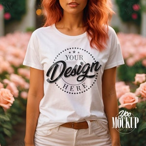 White Gildan 64000 T-shirt Mockup: Woman Model, Garden Theme (JPG Digital Download)