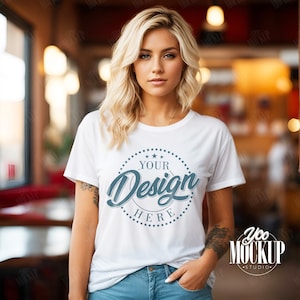 Gildan 64000 White Tshirt Mockup, Woman Model T-shirt Mock Up, Trendy Aesthetic Lifestyle Shirt Template, Crewneck Bachelorette Shirt Mock