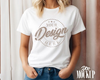 Bella Canvas 3001 White Tshirt Mockup, 3001 White T-shirt Mock-up, Women Model Mock, Simple Aesthetic Cozy White Bella Canvas Shirt Mock