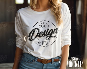 White Long Sleeve Cowgirl Mockup Gildan 2400 Tshirt Mockup Woman Model T-shirt Mock Up, Trendy Crewneck Western Mockup, Summer Tee Mocks