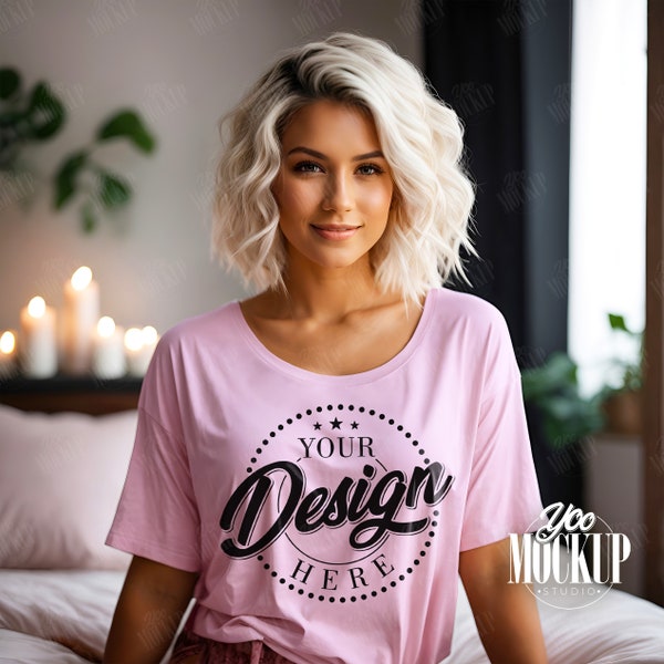 Bella Canvas 8413 Pink Tshirt Mockup, Trendy Styled Valentine's Day Mock, Aesthetic Young Adult Women Model T-Shirt Mock Up Love Tee Mockup