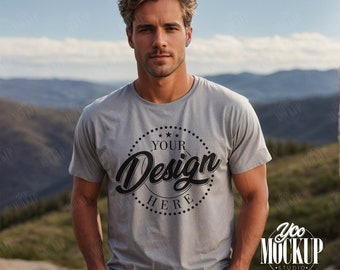 Gildan 5000 Sportgrey Tshirt Mockup, Trendy Mens Crewneck Tee Mock Ups, Gildan Male Shirt Mocks, Outdoor Model T-Shirt Mock Up