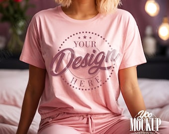 Valentines Day Gildan 5000 Light Pink Mock Up, Pink Valentine Tshirt Mockup, Cozy Oversized Crewneck Mocks, Trendy Y2K Women Model Tee Mocks