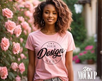 Gildan 64000 Mockup Pink Tshirt Mockup Bundle, American African Woman Model T-shirt Mock up, Trendy Bachelorette Mocks, Garden Mockup Model