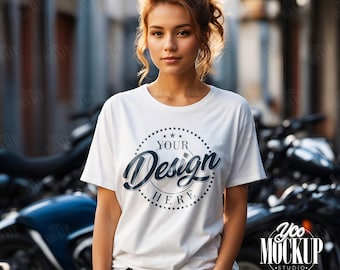 Oversized Gildan 5000 Tee Mockup, White Biker Mockups, Aesthetic Tshirt Mockup, Trendy Model Mock Ups, Print On Demand Motorcycle Shirt Mock