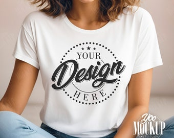 Bella Canvas 3001 White Tshirt Mockup | 3001 White T-shirt Mock-up | Women Model Mock | Simple Aesthetic Cozy White Bella Canvas Shirt Mock