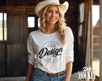 White Long Sleeve Cowgirl Mockup Gildan 2400 Tshirt Mockup Woman Model T-shirt Mock Up, Trendy Crewneck Western Mockup, Summer Tee Mocks