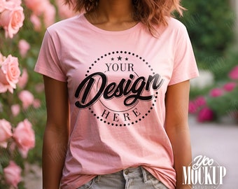 Gildan 64000 Mockup Pink Tshirt Mockup Bundle, American African Woman Model T-shirt Mock up, Trendy Bachelorette Mocks, Garden Mockup Model
