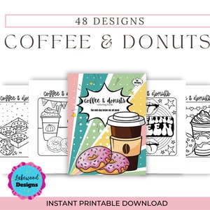 48 druckbare Malvorlagen – Kaffee und Donuts – Kaufen Sie 3 und erhalten Sie 1 gratis! | Malbuch für Erwachsene | Druckbare PDF-Datei | Graustufen