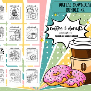 12 druckbare Malseiten – Malbuch „Kaffee und Donuts“ – Bundle 2 | Malbuch für Erwachsene | Druckbare PDF-Datei | Graustufen