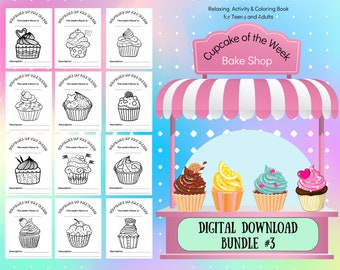 13 Printable Coloring Pages - Cupcake of the Week Coloring Book - Bundle 3 | Adult Teen Coloring Book | Printable PDF File | Greyscale