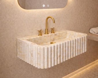 Luxury Calacatta Gold Marble Sink with Backsplash, Custom Size Handcarved Fluted Bathroom Wash Basin, Modern Stone Sink