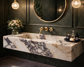 Luxury Calacatta Viola Marble Sink, Wall Mounted Handcarved Wash Basin