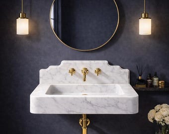 Handcrafted Carrara White Marble Wall Mount Sink with Backsplash, Luxury Natural Stone Basin, Modern Bathroom Vanity