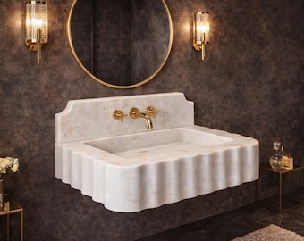Hand Carved Carrara White Marble Wall Mount Sink with Backsplash, Luxury Natural Stone Basin, Modern Bathroom Vanity