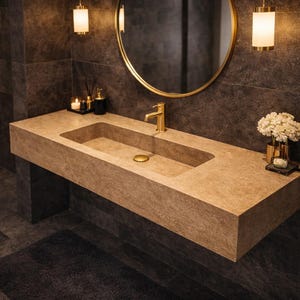 May include: A modern bathroom with a rectangular beige sink and gold fixtures. A round gold mirror hangs above the sink, with two gold pendant lights on either side. The walls are dark gray tile, and a small vase of white flowers sits on the counter.