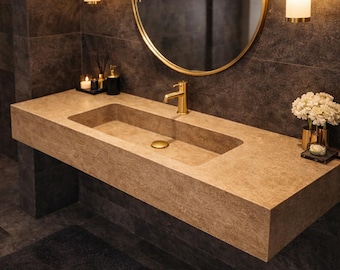 Hand Carved Travertine Marble Sink, Wall Mounted Luxury Wash Basin, Bathroom Vanity