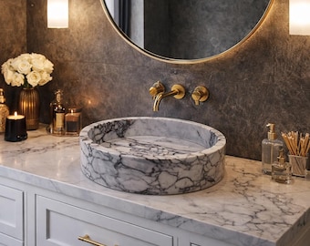 Luxury Calacatta Viola Round Marble Sink, Unique Hand Carved Bathroom Sink