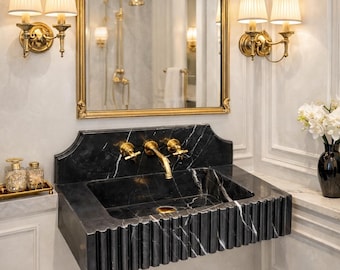 Wall Mounted Luxury Black Marble Sink, Fluted Nero Marquina Wash Basin, Floating Sink with Backsplash