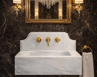 Handcrafted Carrara White Marble Wall Mount Sink with Backsplash, Luxury Natural Stone Basin, Modern Bathroom Vanity