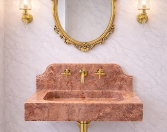 Handcrafted Red Travertine Marble Wall Mount Sink with Backsplash, Luxury Natural Stone Basin, Modern Bathroom Vanity
