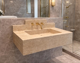 Luxury Travertine Marble Sink with Backsplash, Wall Mounted Handcarved Bathroom Vanity, Modern Stone Wash Basin
