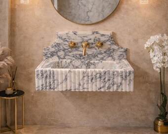 Calacatta Viola Marble Sink with Backsplash, Grooved Front, Wall Mounted Unique Marble Basin
