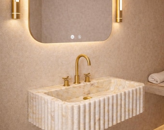 Luxury Calacatta Gold Marble Sink, Wall Mounted Handcarved Wash Basin, Fluted Bathroom Sink