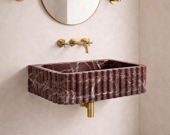 Luxury Rosso Levanto Marble Sink, Wall Mounted Handcarved Wash Basin, Red Marble Fluted Bathroom Sink