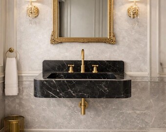 Wall Mounted Luxury Black Marble Sink, Custom Size Nero Marquina Wash Basin, Hand Carved Sink