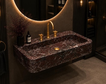 Luxury Rosso Levanto Marble Sink, Wall Mounted Handcarved Wash Basin, Bathroom Vanity